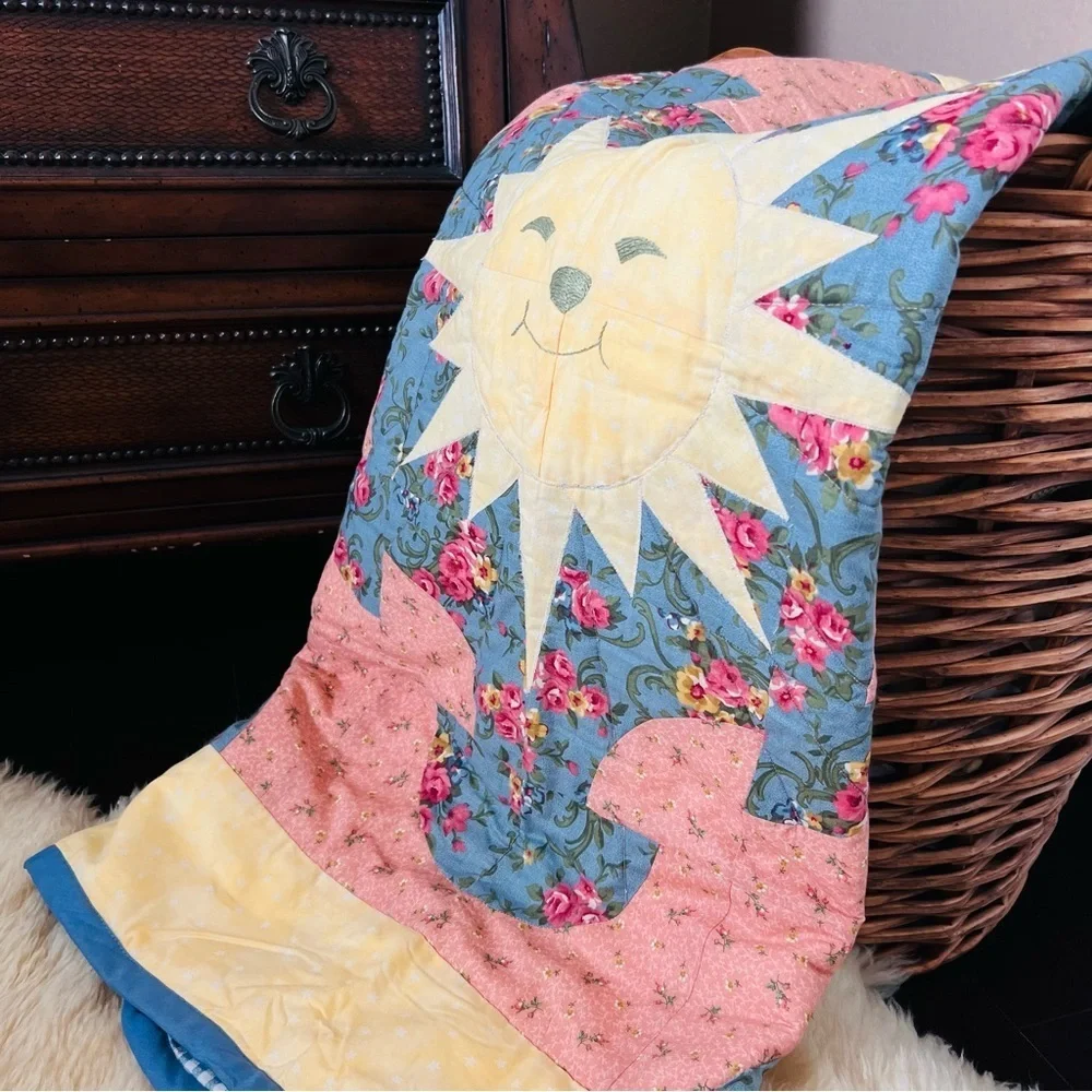 New Handmade Floral Sunburst Quilt - Pink, Blue, Yellow